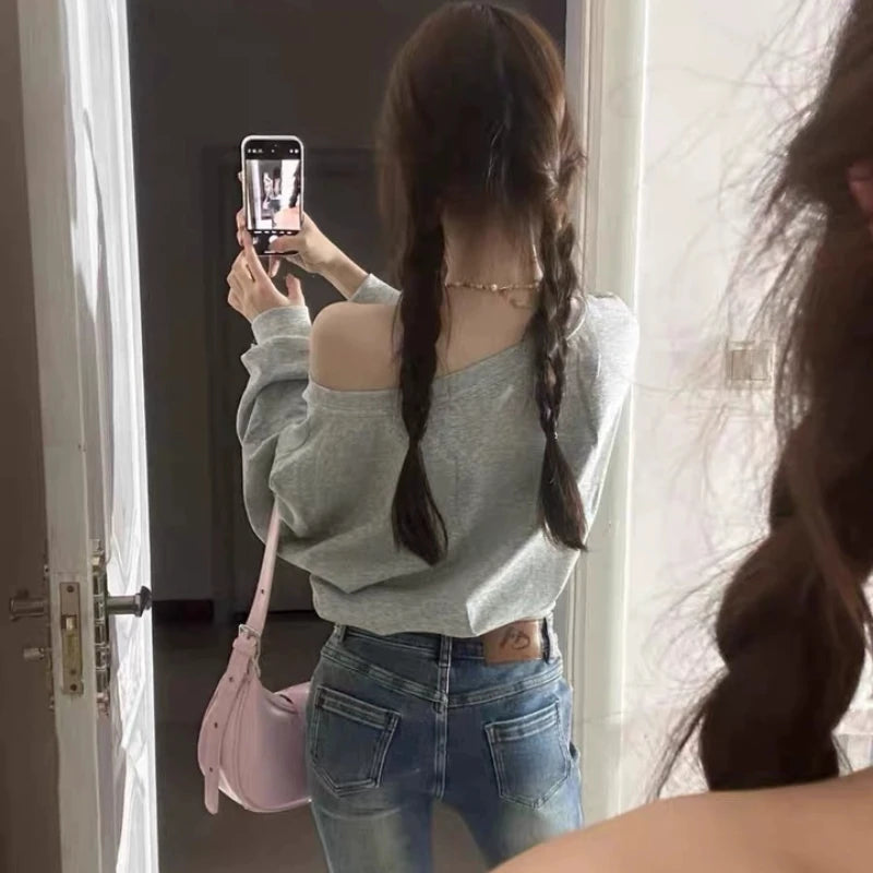 women's hoodies Hoodies Autumn Streetwear Off Shoulder Seductive Cropped All-match Sweatshirts Baggy Fashion Print Design Aesthetic Casual