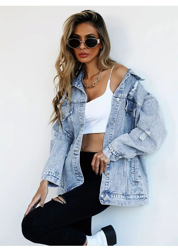 Jeans Jackets for Woman Jackets Euramerican Hole Autumn Winter Women's Jeans Coats Outerwears Denim Top New Female Jean Fashion