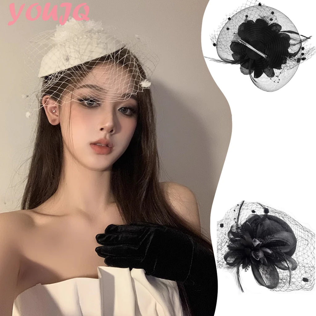Gothic Subcultur Lace Bow Veil Small Fedoras Hats for Women Harajuku Lolita Feather Floral Fascinator Headband Hat Accessories
