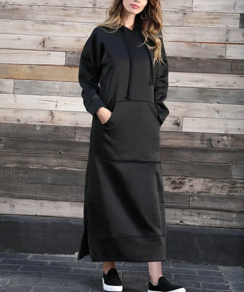 women's hoodies Hoodies Dress for Women Fashion  2024 Hem Lace-up Midi Robe Hooded Long Vestidos Winter Warm Casual Loose Sweatshirt Dress