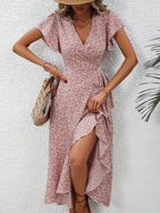 Summer Dresses for Women Sexy V Neck Short Sleeve Irregular High Waist Lace-up Flower Print Dress Casual Beach Dresses