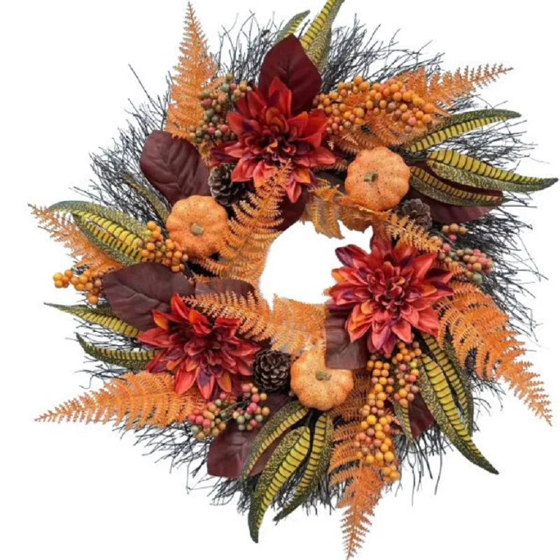 Autumn Door Wreath Christmas Halloween Decoration Pumpkin Berry Pine Cone Maple Artificial Cloth Rattan Material Home Decoration