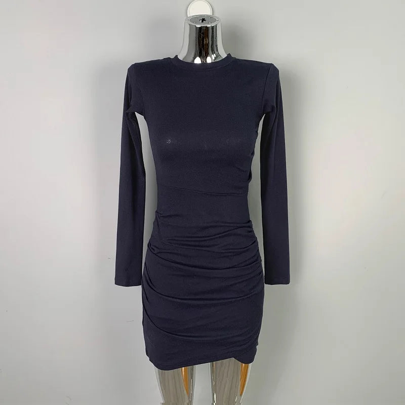 women's dresses 2025 Spring  Autumn Casual Fitting Slim Plain Ruched Long Sleeve Crew Neck Mini Bodycon High Street Dress