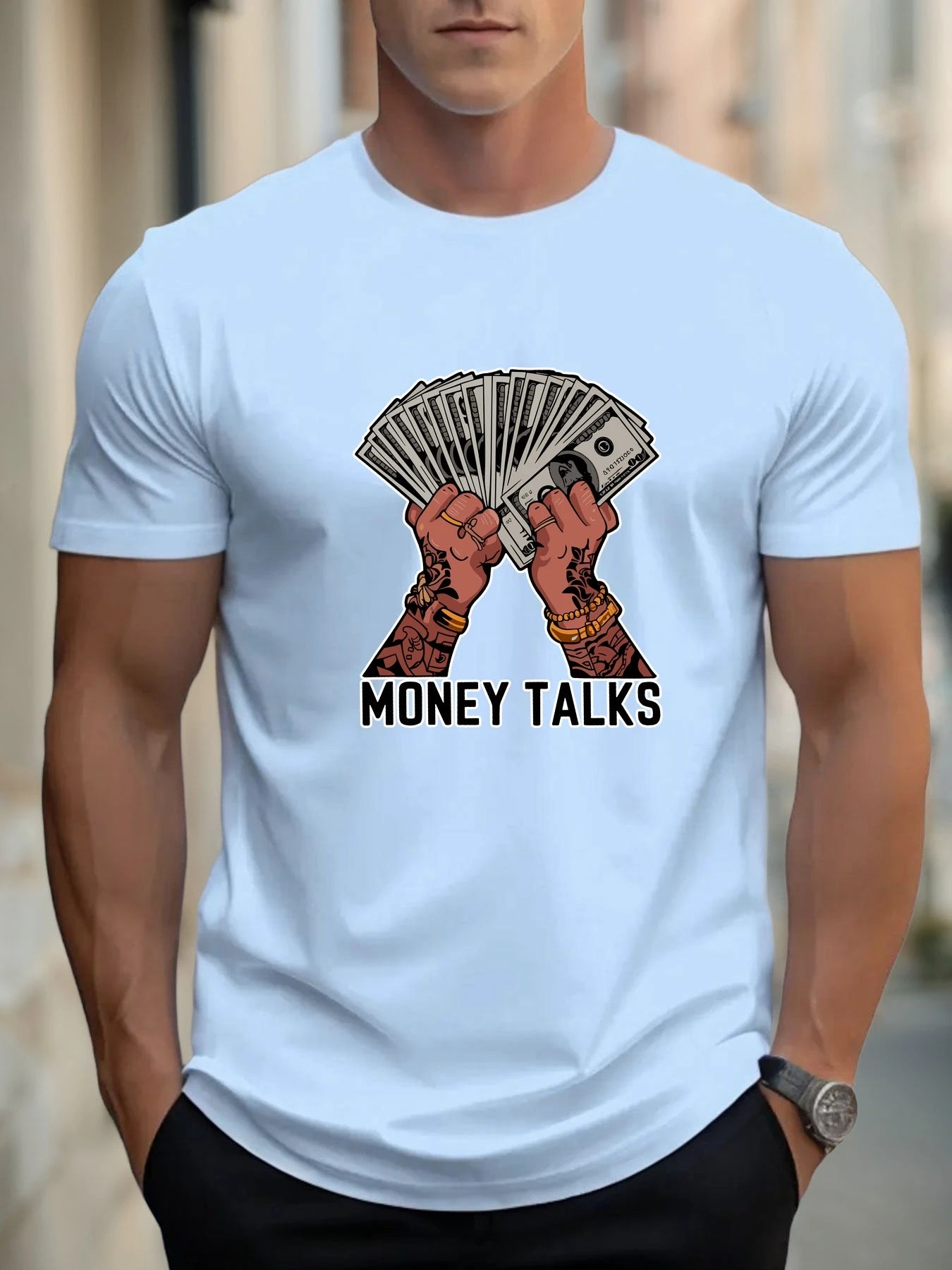 T Shirts For Man MONEY TALKS 100% Cotton Graphic Printing Summer Round Neck T-Shirt Casual Breathable Street Style Daily Top