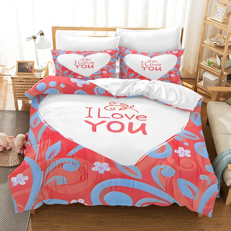 Valentine's Day I Love  style Digital Printed Duvet Set - Polyester - Bedroom Decor -1 bed cover +2 pillowcases (no pillow core)