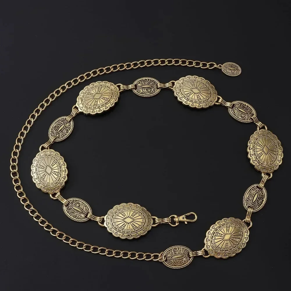 Metal Chain Belt for Women Cowgirl Western Country Chain Belts Adjustable Concho Belt for Sweaters Dresses Jeans