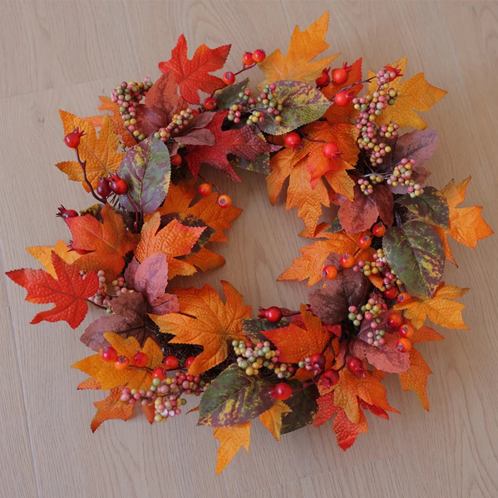 50cm Fall Wreath with Autumn Leaves and Berries for Front Door Decoration for Thanksgiving and Seasonal Display