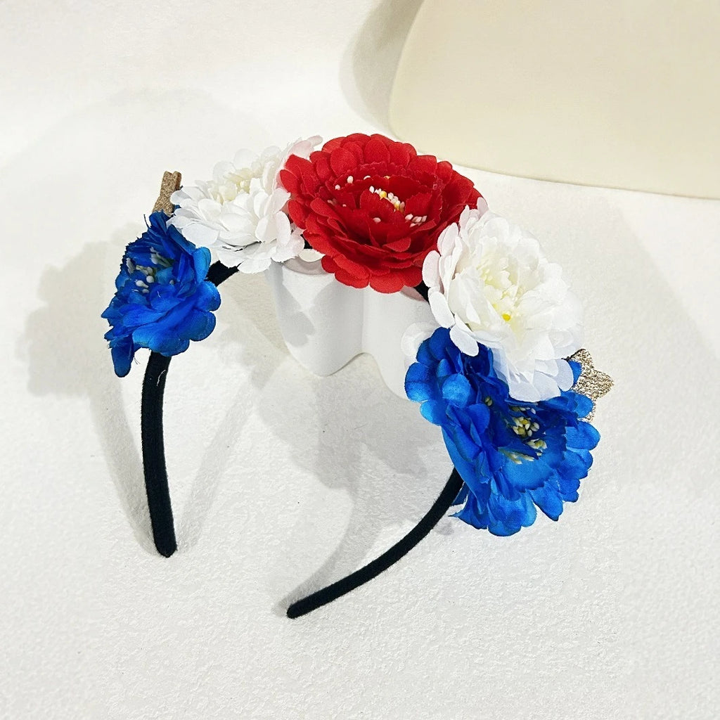 Floral 4th of July Headband Blue White Red Flower Headbands for Women Girls Crown Hair Wreath for Independence Day