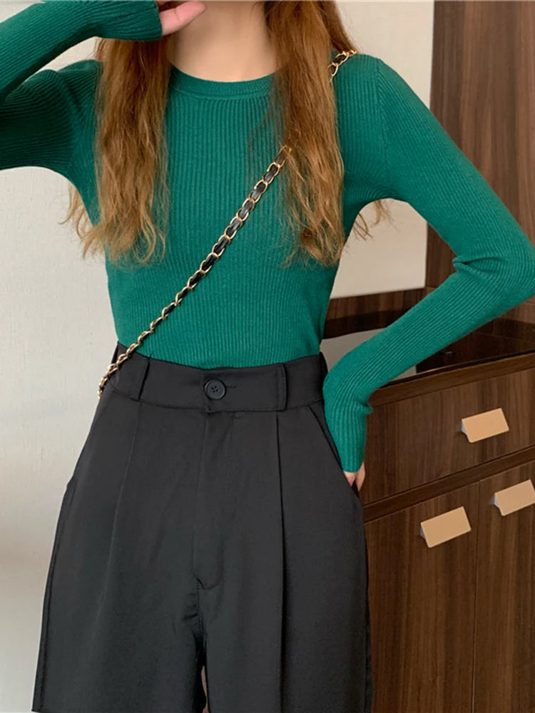 2025 New Women Sweater Autumn Winter Long Sleeve Pullover Basic Top Fashion O-neck Elastic Female Winter Solid Knitted Jumper