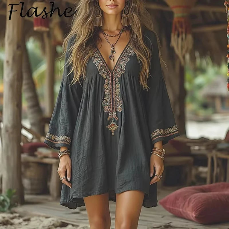 Summer Dresses For Women Vintage Printed Loose Floral Printed Party Short Dress Women Deep V Neck Bohemian Dress