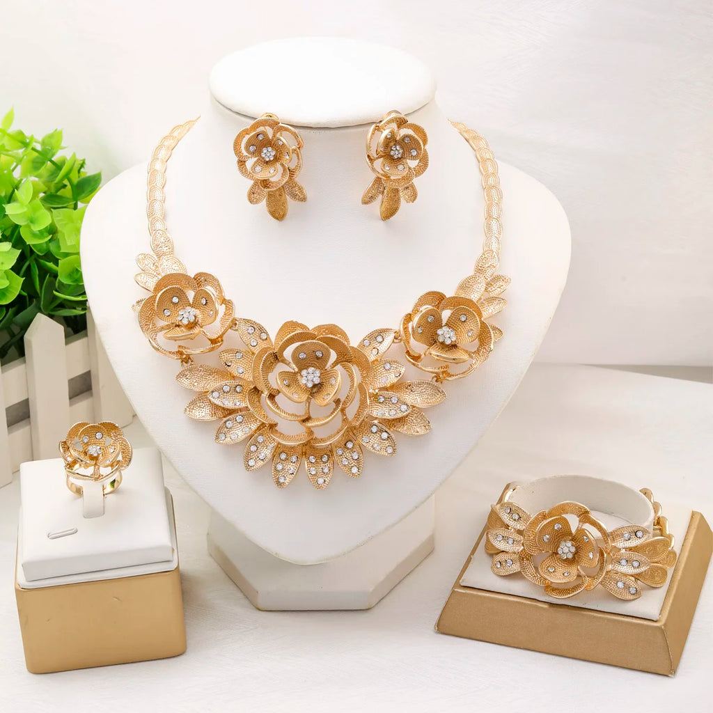 Jewelry Sets for Women Flower Pendant Necklace 18k Gold Plated Fashion Design Earring Bracelet Ring Sets Exquisite Gifts