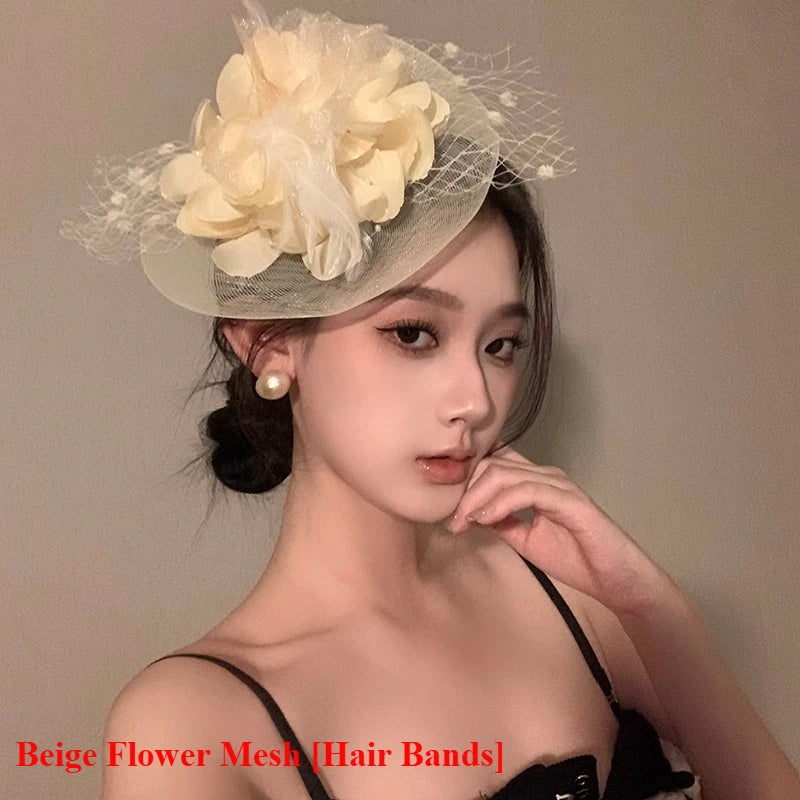 Gothic Subcultur Lace Bow Veil Small Fedoras Hats for Women Harajuku Lolita Feather Floral Fascinator Headband Hat Accessories