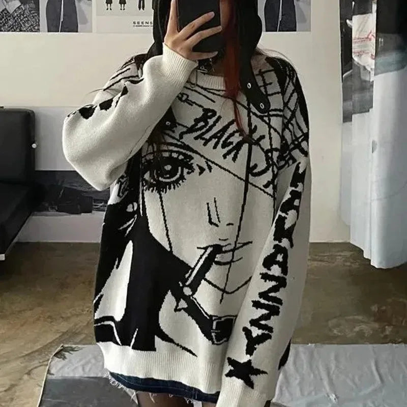 Women's Winter Sweater White Sweater Woman Character Pattern New Loose Retro Loose Knit Sweater Jacket Fashion