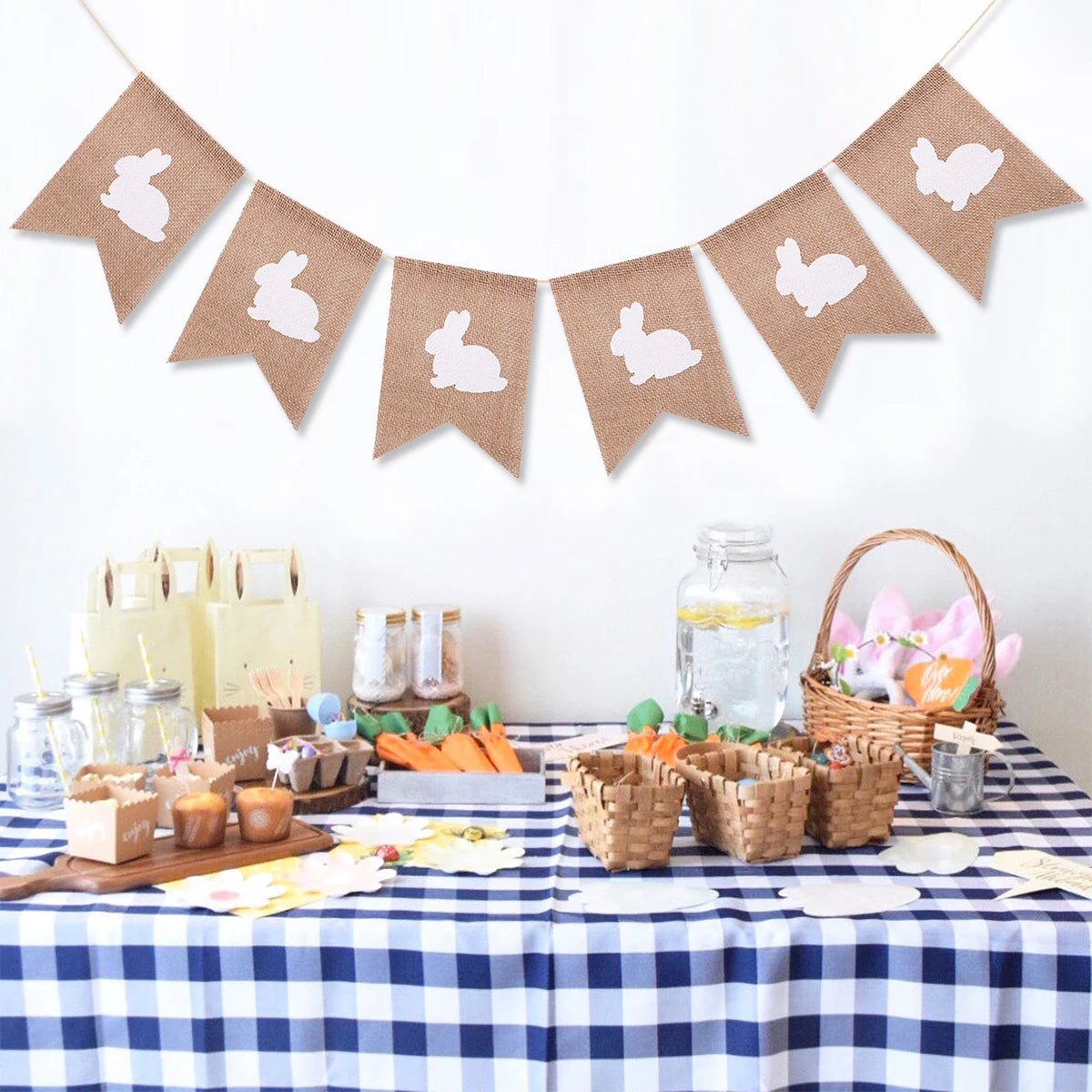 Easter Cute Rabbit Jute Banner Garland Burlap Linen Flag 2025 Happy Easter Party Home Wall Hanging Decoration Supplies Kids Gift
