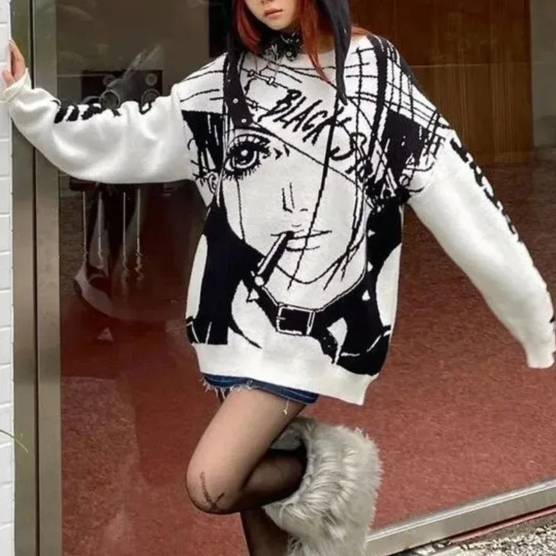 Women's Winter Sweater White Sweater Woman Character Pattern New Loose Retro Loose Knit Sweater Jacket Fashion