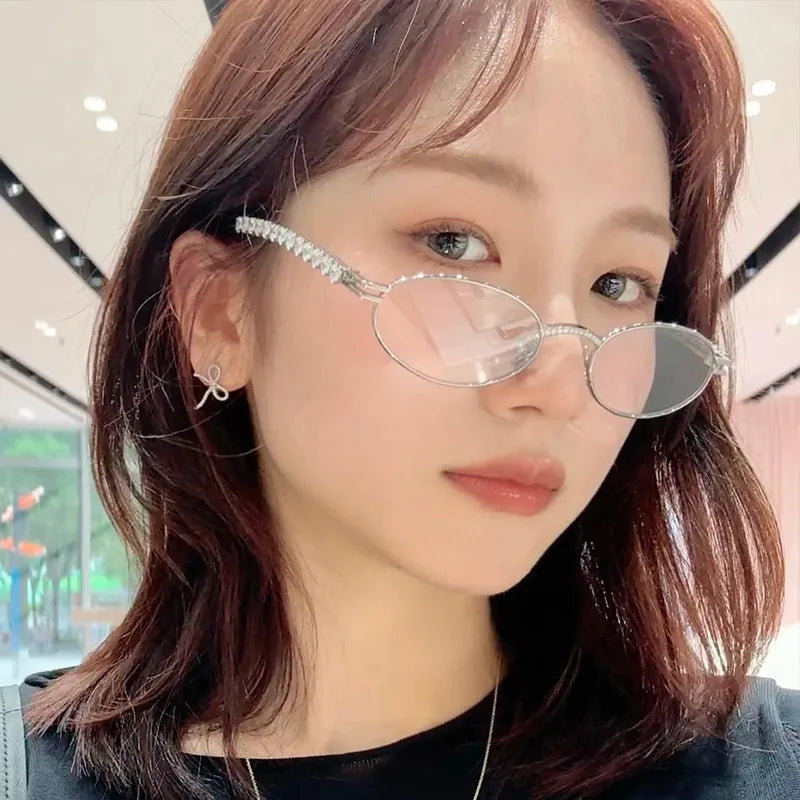 Fashion Eyeglasses Frames For Women Men Silver Oval Glasses Anti Blue Light Small Rhinestone Sunglasses With Metal Frame