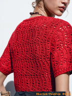 Women's Cardigan Summer 2025 New Red Knitted Short Sleeve Cutout Design Cardigan Casual Fashion Personality Versatile Knitwear
