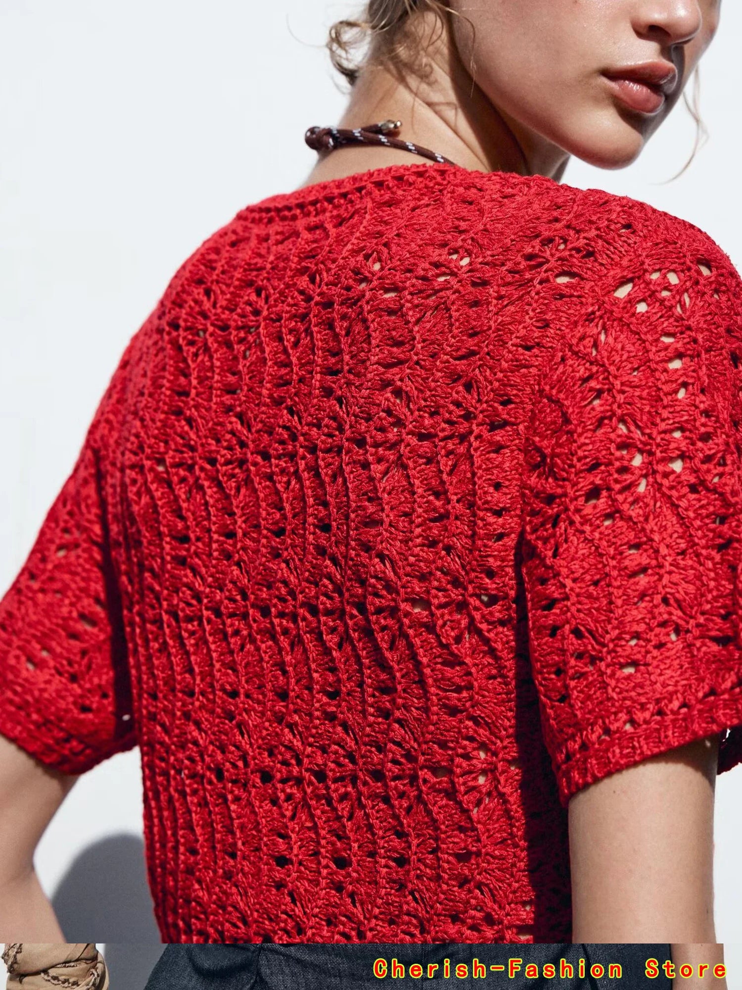 Women's Cardigan Summer 2025 New Red Knitted Short Sleeve Cutout Design Cardigan Casual Fashion Personality Versatile Knitwear