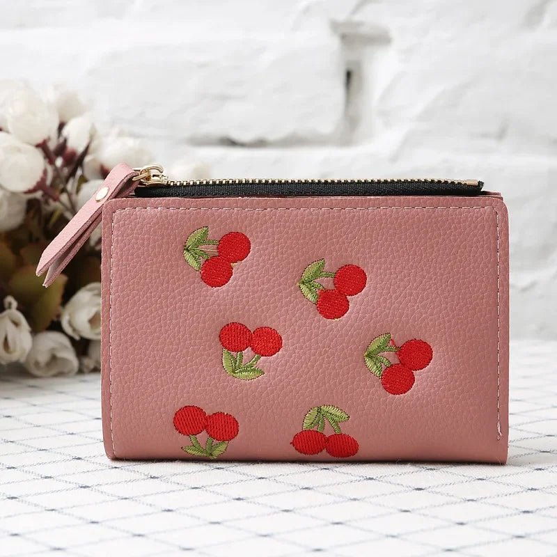Women's Clutch Wallet with Cherry Floral Embroidery, Vertical Style Buckle Design Trendy Versatile Pu Material Waterproof Light