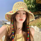 Ladies' Bucket Hats Bohemian Style Straw Weaving Hollow Korean Sweet Verstaile Big Brim Sunshade Hats Vacation Beach Bucket Hats