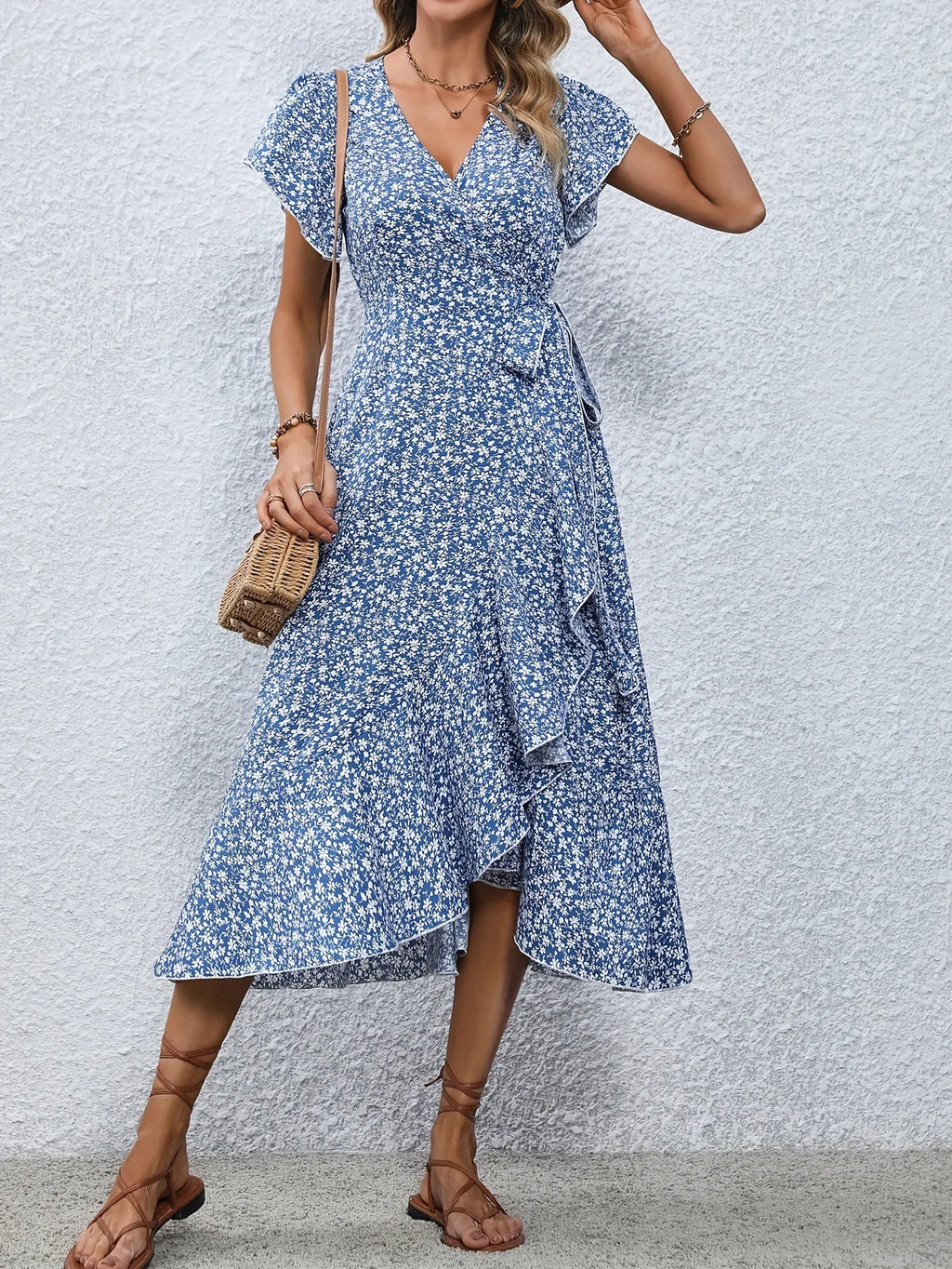 Summer Dresses for Women Sexy V Neck Short Sleeve Irregular High Waist Lace-up Flower Print Dress Casual Beach Dresses