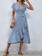 Summer Dresses for Women Sexy V Neck Short Sleeve Irregular High Waist Lace-up Flower Print Dress Casual Beach Dresses