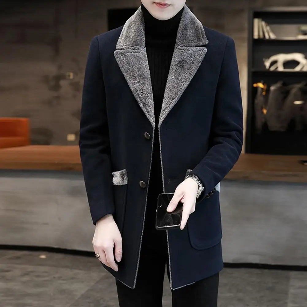 Men Business Jacket Medium Length Single-breasted Plush Collar Overcoat Autumn Winter Woolen Coat Windbreaker Male Trench Coat