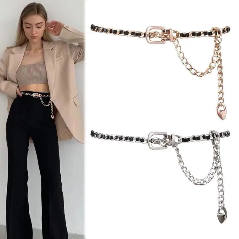Chain Belt Women's Fashion Narrow Metal Belts Trim with Skirt Blouse Thin Waist Chain Gold Silver