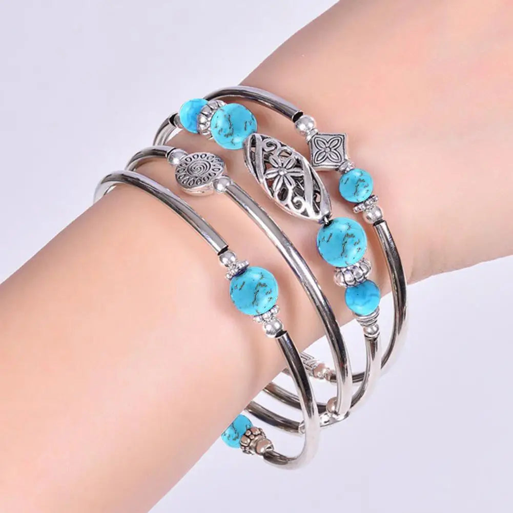 Women Bangle Natural Stones Ethnic Multi Layered Retro Blue Turquoise Beads Wrap Bracelet Jewelry Accessories