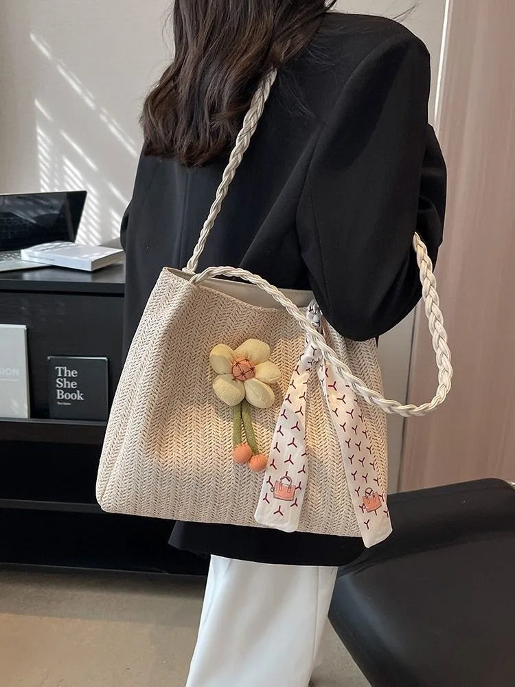 Tote Bag Fashion Canvas Totes Straw Flower Portable Beach Shoulder Shopping Casual Beach Bag Large Capacity Handbag Wholesale