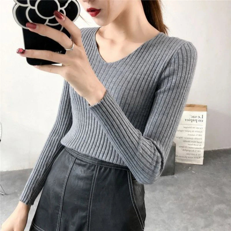 Sweater Autumn and Winter  Long Sleeved Tight Versatile Low-neck Bottoming Shirt Women's Slim Pullover Knitted Sweater  Women