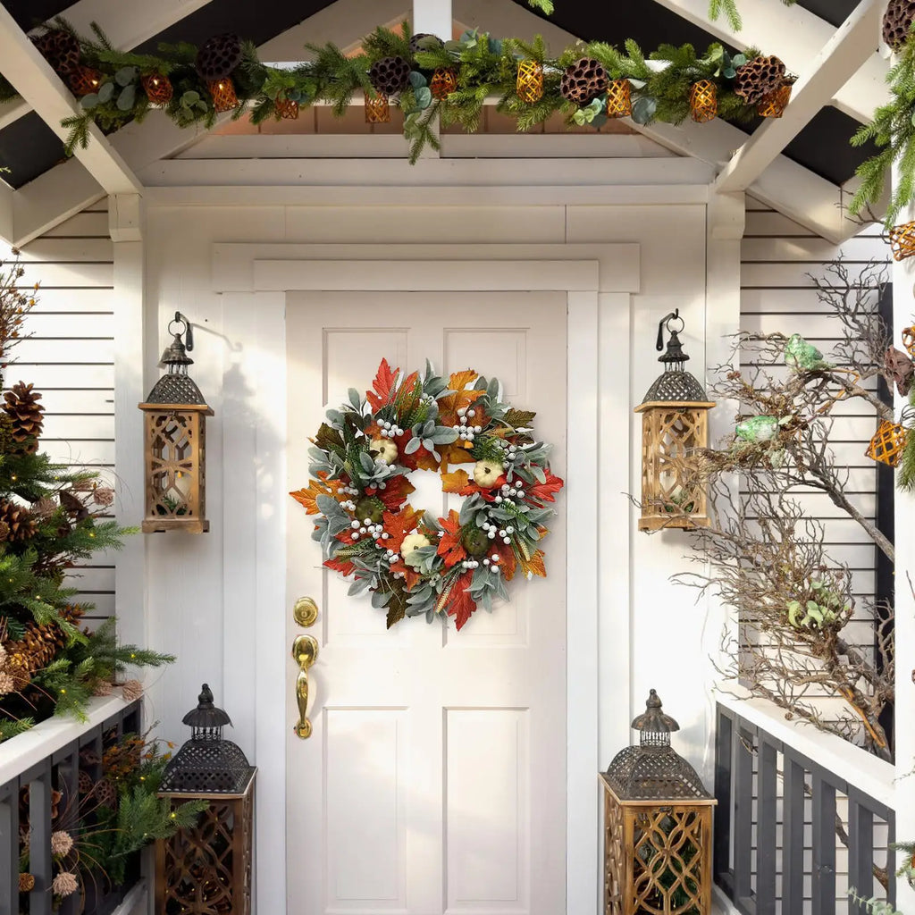 Autumn Wreath 45cm Fall Wreaths Pumpkin Berry Maple Leafs Artificial Wreath Harvest Autumn Front Door Wreath Halloween Decor