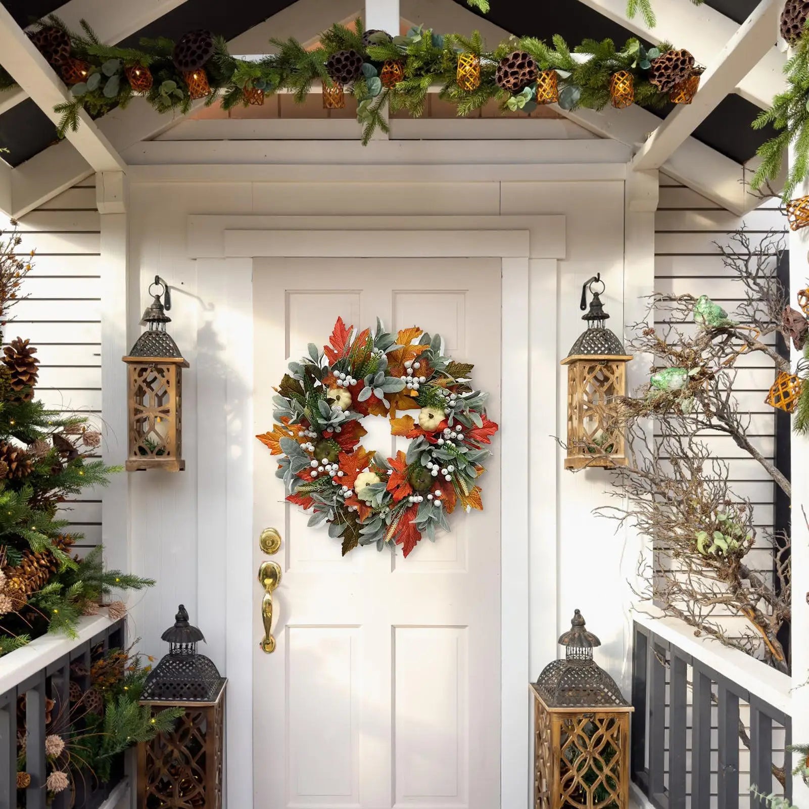 Autumn Wreath 45cm Fall Wreaths Pumpkin Berry Maple Leafs Artificial Wreath Harvest Autumn Front Door Wreath Halloween Decor