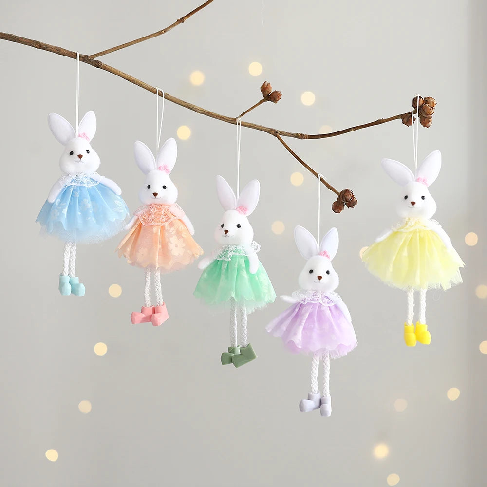 Easter Bunny Hanging Ornaments Pastel Purple Green Blue Yellow Skirt Rabbit Doll Figurine Kids Gifts Spring Easter Decorations