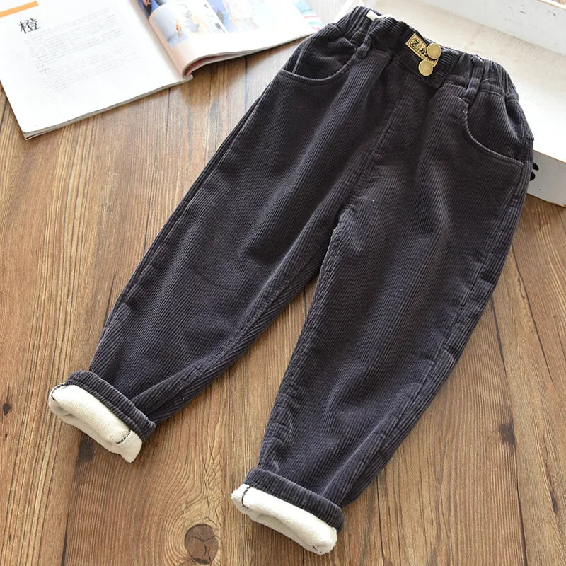 Children's Pants Autumn winter Fleece Padded Trousers for Girls Solid Thickened Corduroy Pants Casual Loose Boys Pants