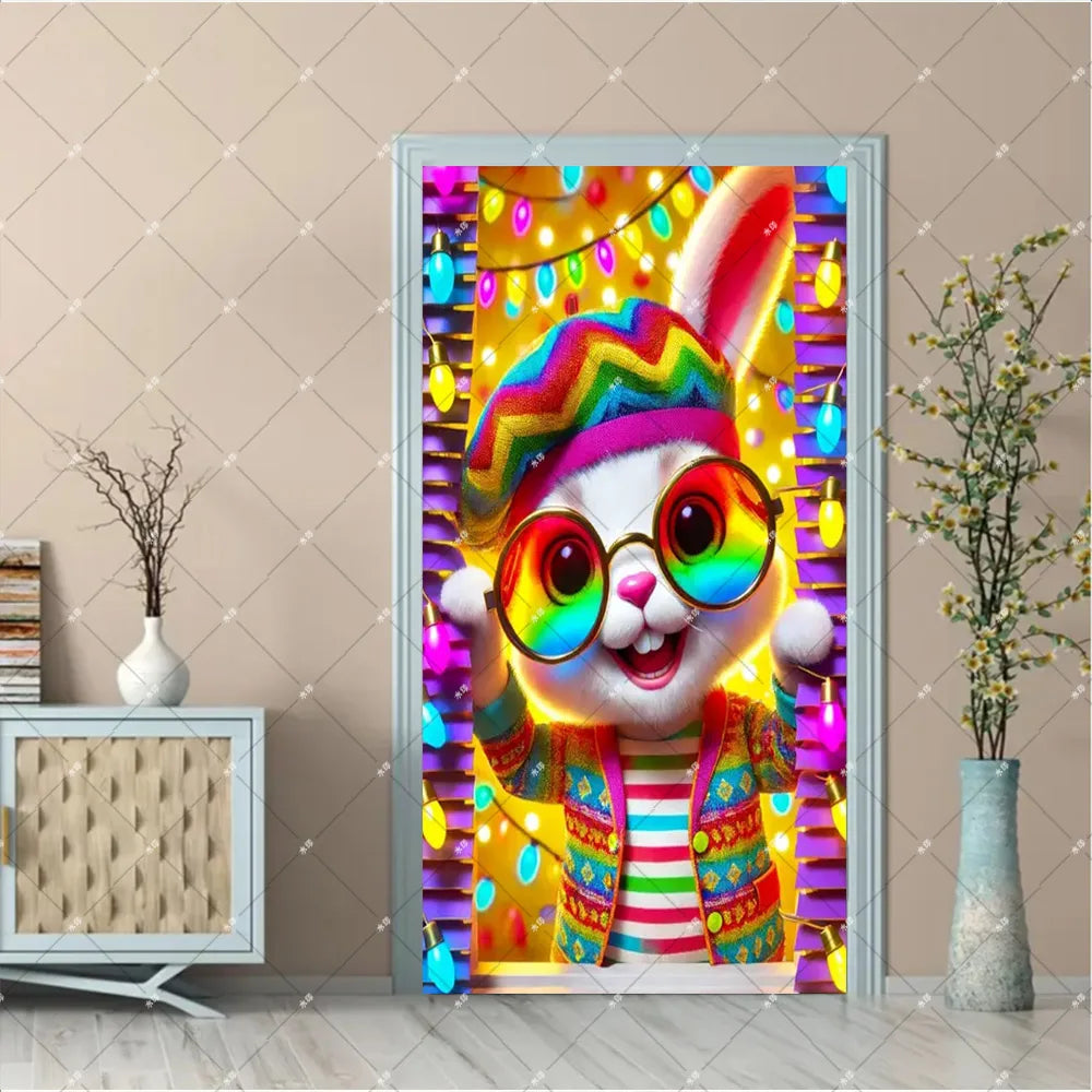 Spring Easter Theme Charming Rabbit On The Toilet Grass Flower Eggs Door Banner Cover Backdrop Easter Festival Party Porch Decor