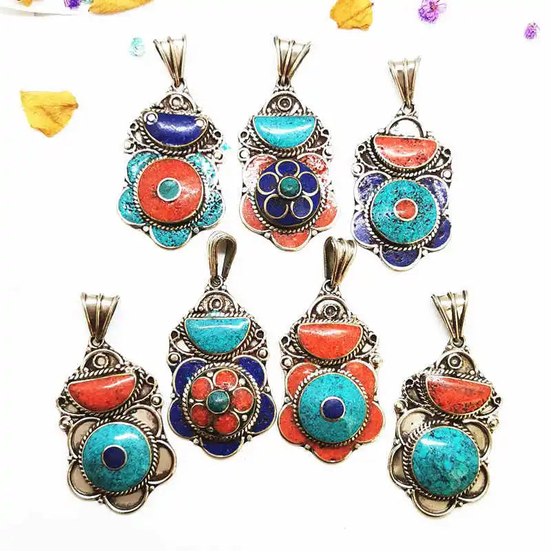 Handmade Vintage Flower Pendants Copper Inlaid Colorful Stone Tibetan Jewelry TBP608