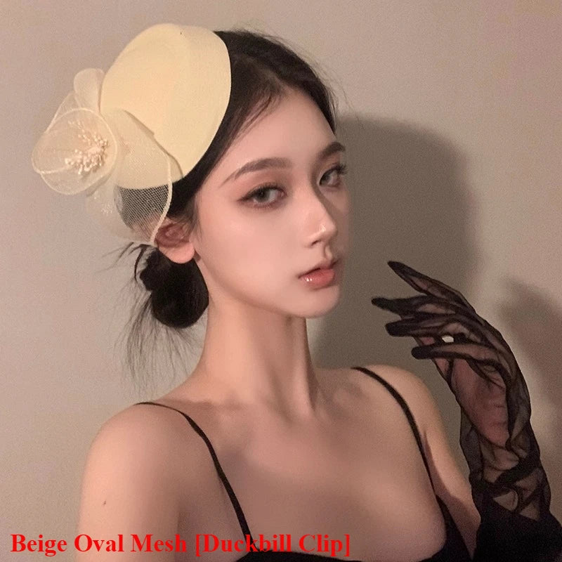 Gothic Subcultur Lace Bow Veil Small Fedoras Hats for Women Harajuku Lolita Feather Floral Fascinator Headband Hat Accessories