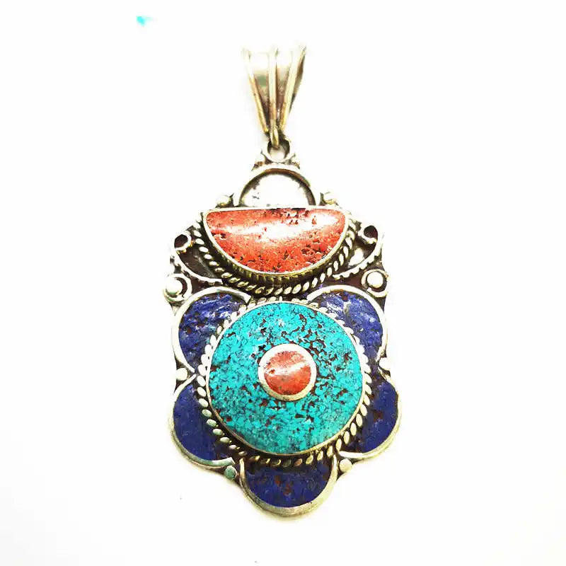 Handmade Vintage Flower Pendants Copper Inlaid Colorful Stone Tibetan Jewelry TBP608
