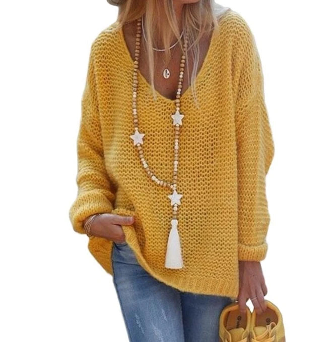 Women's Winter Sweaters Commuting 2024 Winter Solid Color Knitted Sweater V-Neck Long Sleeved Top Loose Fit Pullover Sweater