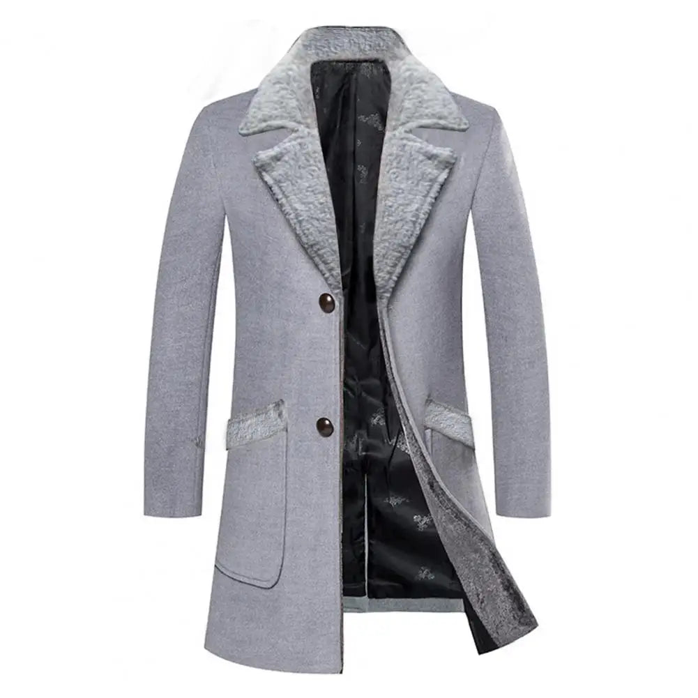Men Business Jacket Medium Length Single-breasted Plush Collar Overcoat Autumn Winter Woolen Coat Windbreaker Male Trench Coat