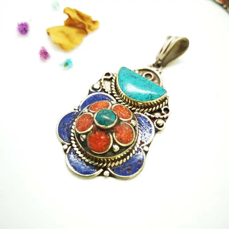 Handmade Vintage Flower Pendants Copper Inlaid Colorful Stone Tibetan Jewelry TBP608