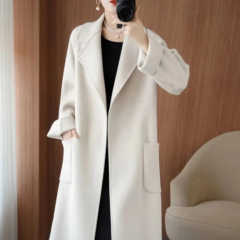 100% Wool Coat Women's Wear 2025 Autumn/Winter Fashion Temperament Double sided Cashmere Coats with Belt Elegant Long Overcoat