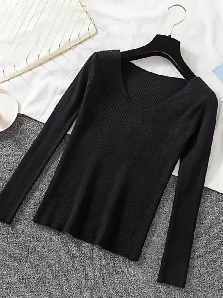 Women Sweater 2026 New Autumn Winter Long Sleeve Pullover Basic Top Fashion V-neck Elastic Female Winter Solid Knitted Jumper