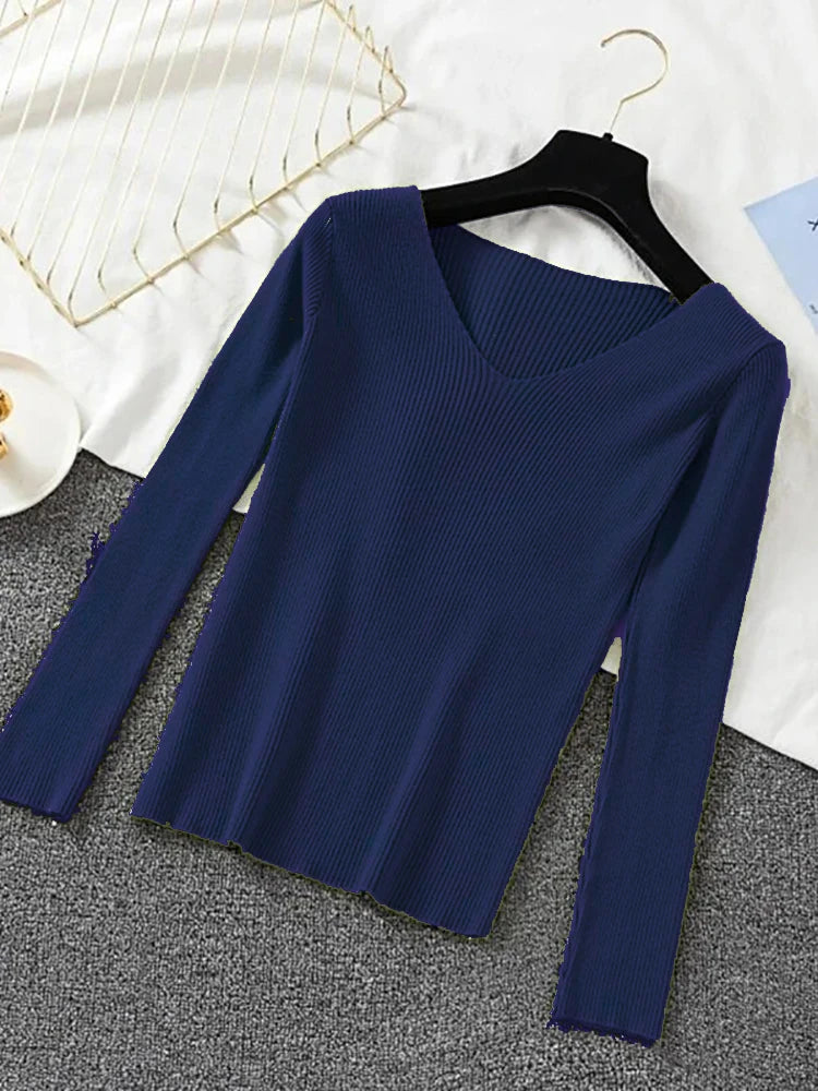 Women Sweater 2026 New Autumn Winter Long Sleeve Pullover Basic Top Fashion V-neck Elastic Female Winter Solid Knitted Jumper