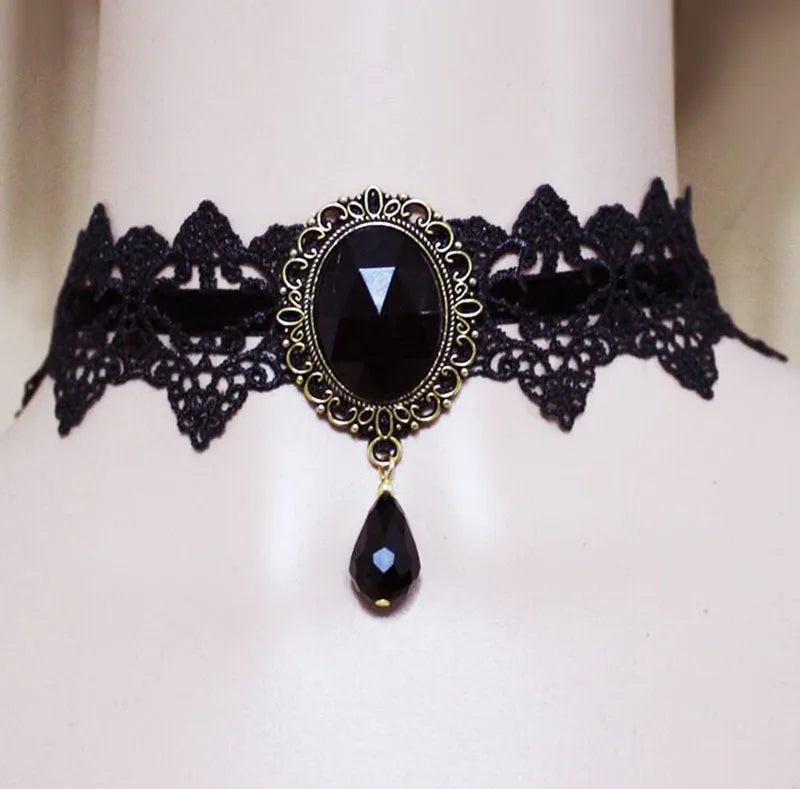 Sexy Gothic Chokers Crystal Black Lace Neck Choker Necklace Jewelry