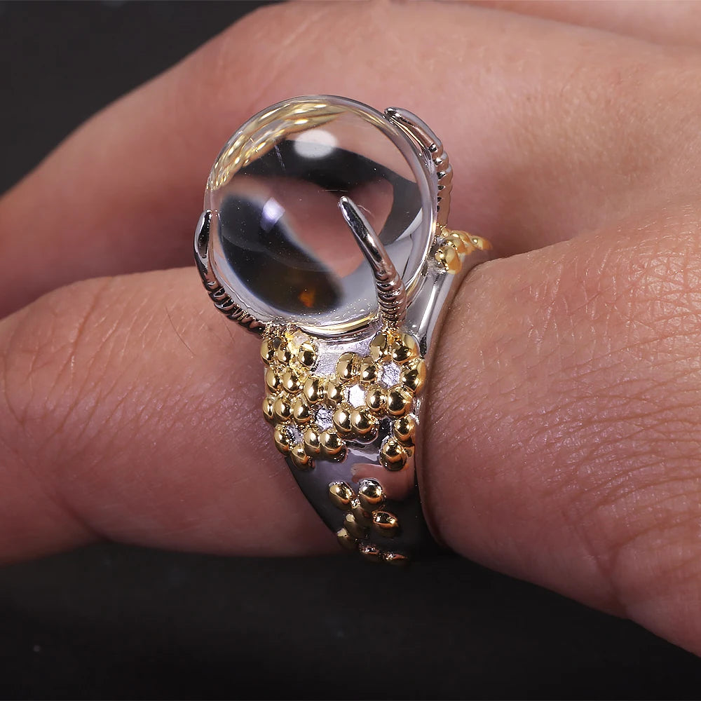 925 Sterling Silver Statement Ring for Women Large Ball Crystal Natural Gemstone Irregular Unique Design Exaggerated Jewelry