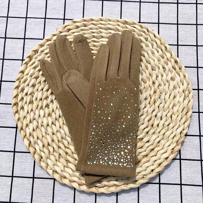 Fashion Diamonds Glove Women Vintage Winter Touch Screen Full Finger Warm Windproof Cycling Driving Female Gloves Mittens