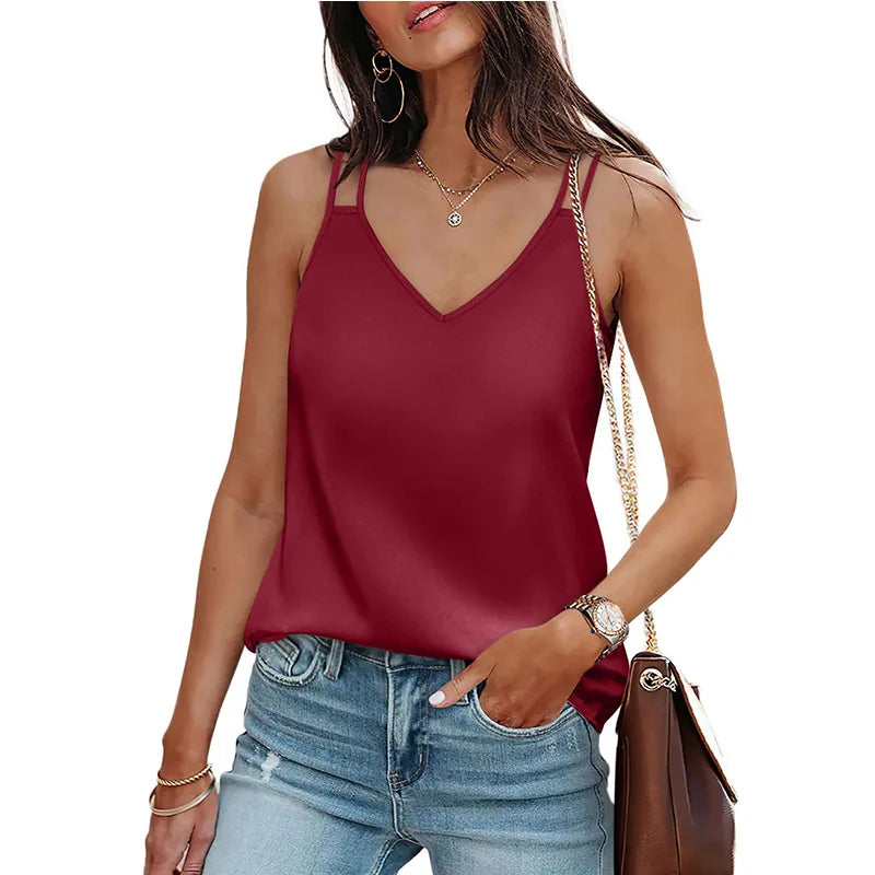 Summer V Neck Tank Tops For Women Silk Satin Summer Sleeveless Camisole Straps Top Tops for Women Loose Fit  Crop Top