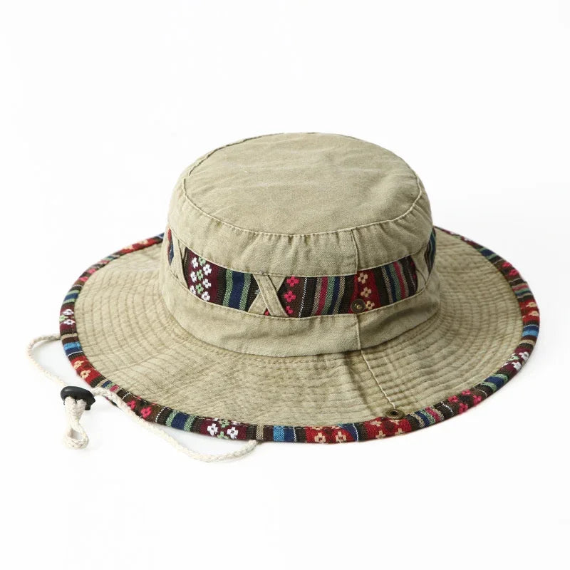 Summer Bucket Hats Retro Printing Cowboy Cap Men Women Outdoor Fishing Hiking Hat Anti UV Sun Caps Cotton Wide Brim Panama Hat